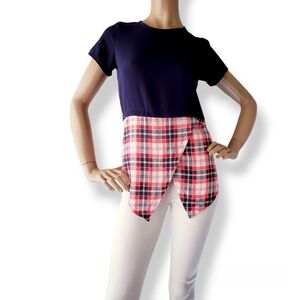 Haute Apparel Navy & Red Plaid Assymetrical Cut Top